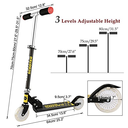 Profun Patinete 2 Ruedas Patinete Plegable para Niños Patinete Infantil con Freno Altura del Manillar Ajustable Patinete Niño Scooter con Luz Led Patinete con Luces para Niñas de 3-7 Años