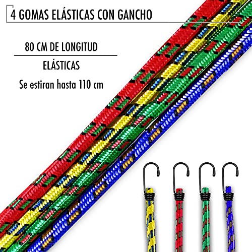 PULPOS ELÁSTICOS con Gancho de Alta Resistencia | Cuerdas de Amarre Elásticas para Coche Bicicleta Equipajes y Transporte | Cinchas o Eslingas de Carga Portaequipajes para Caravanas y Camping