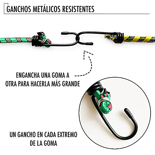 PULPOS ELÁSTICOS con Gancho de Alta Resistencia | Cuerdas de Amarre Elásticas para Coche Bicicleta Equipajes y Transporte | Cinchas o Eslingas de Carga Portaequipajes para Caravanas y Camping