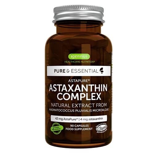 Pure & Essential Complejo de Astaxantina natural & sostenible, 42 mg de AstaPure, con luteína & zeaxantina, vegano, 90 cápsulas