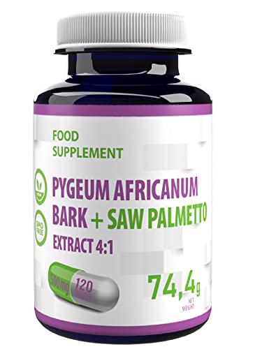 Pygeum Africanum Corteza + Saw Palmetto 500mg 120 Cápsulas Veganas, Extracto 4:1 , Alta Potencia, Sin Gluten, Sin OGM