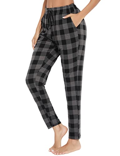 Pyqian Casual Pantalones de Pijama Mujer Largo,Plaid Partes de abajo de pijamas para mujer con Bolsillos