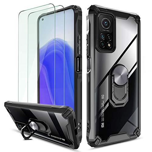 QHOHQ Funda para Xiaomi Mi 10T/10T Pro 5G con 2 Pack Protector de Pantalla,[360° Giratorio Soporte] [5X Grado Militar Anti-caída Protección],Espalda Transparente Rígida para PC,Bordes TPU Suave-Negro