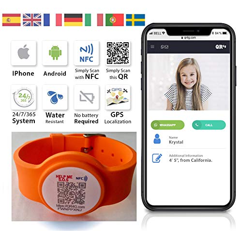QR4g.com GPS: Pulsera ajustable identificativa con Tecnología QR NFC GPS para Niños y Mayores (Naranja)