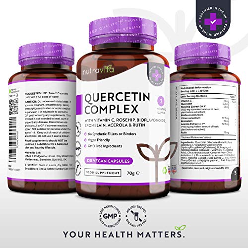 Quercetina 500 Mg Con Bromelina Y Vitamina C - 120 Cápsulas Veganas - Para Apoyo Inmunológico - Mezclado Con Rosa Mosqueta, Bioflavonoides, Acerola Y Rutina