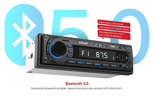 Radio Coche RDS, ieGeek 1DIN Autoradio Bluetooth 5.0 Estéreo, Luz de Botón 7 Colores, 60W X 4 Soporta FM/AM/AUX/MP3/WMA/WAV/USB/SD/Control Remoto, Reloj de visualización, Guardar 30 Emisoras