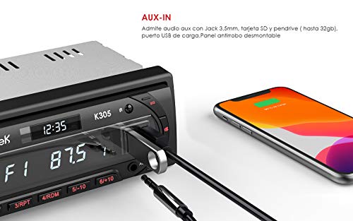 Radio Coche RDS, ieGeek 1DIN Autoradio Bluetooth 5.0 Estéreo, Luz de Botón 7 Colores, 60W X 4 Soporta FM/AM/AUX/MP3/WMA/WAV/USB/SD/Control Remoto, Reloj de visualización, Guardar 30 Emisoras