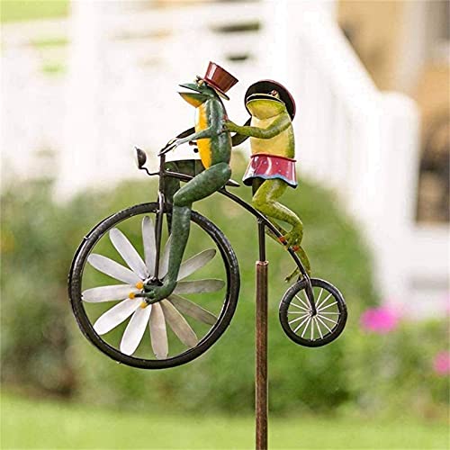Ranas en una Bicicleta Vintage,Conejitos en Bicicleta Wind Spinner,Mantis en Bicicleta Spinner Pole, Gato y ratón en Motocicleta Metal Jardín Molino de Viento Decoración para Patio Patio Césped Decor