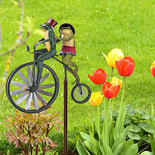 Ranas en una Bicicleta Vintage,Conejitos en Bicicleta Wind Spinner,Mantis en Bicicleta Spinner Pole, Gato y ratón en Motocicleta Metal Jardín Molino de Viento Decoración para Patio Patio Césped Decor