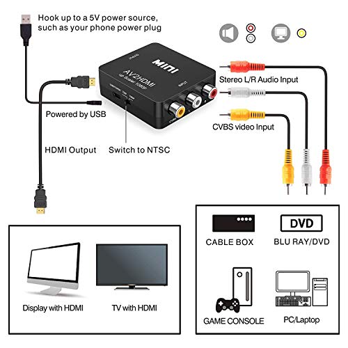 RCA a HDMI Adaptador,AV a HDMI Convertidor, ABLEWE 1080P Mini AV Composite CVBS Video Video Audio Converter Adapter Soporte PAL/NTSC para PC/Laptop/Xbox / PS4 / PS3 / TV/STB/VCR Cámara DVD