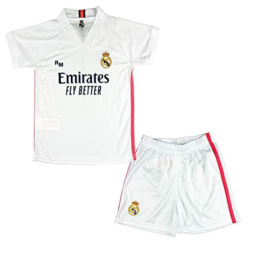 Real Madrid CF Conjunto Camiseta y Pantalón Infantil Primera Equipación Temporada 2020-21 - Producto Oficial Licenciado -Color Blanco (7-8 años, Blanco)