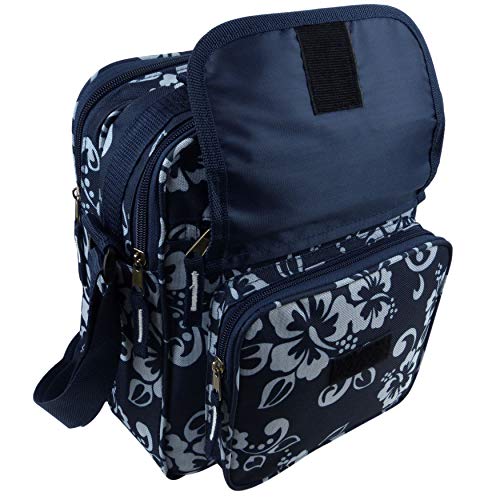 Red X - Mochila tipo bandolera de lona para hombre y mujer con diseño de hibiscos, para viajar, trabajo Turquesa Navy Hibiscus talla única