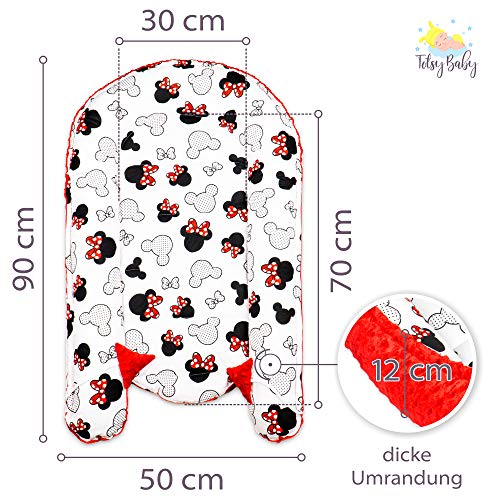 Reductor de Cuna 90x50 cm - nidos para Bebes colecho Bebe Cuna algodón y Material Minky cálido Minky Rojo con Motivo de Ratón