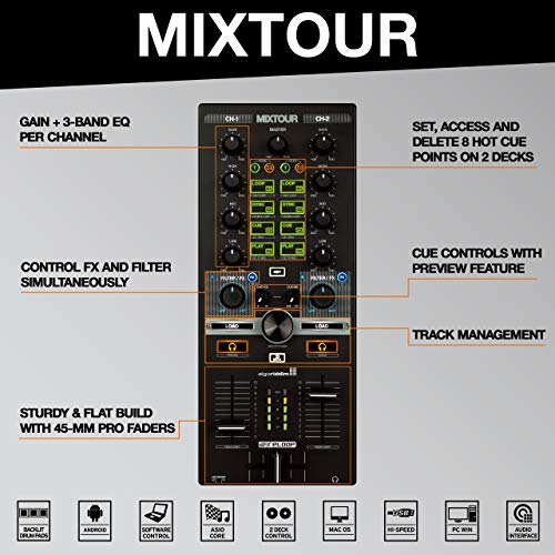 Reelop Mixtour - Controlador de DJ USB Portátil para iOs, Android, Mac y PC, Conexión de Auriculares de 3,5 mm ySalida Maestra RCA