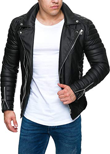 Reichstadt - Chaqueta de estilo motorista para hombre con cinturón extraíble, piel auténtica o sintética Negro – Rs001 Pu – Cremallera plateada. S