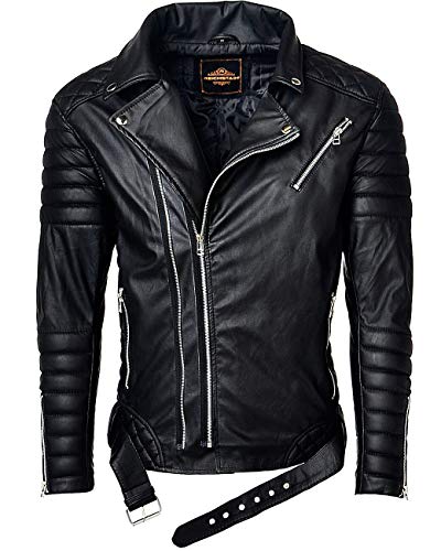 Reichstadt - Chaqueta de estilo motorista para hombre con cinturón extraíble, piel auténtica o sintética Negro – Rs001 Pu – Cremallera plateada. S