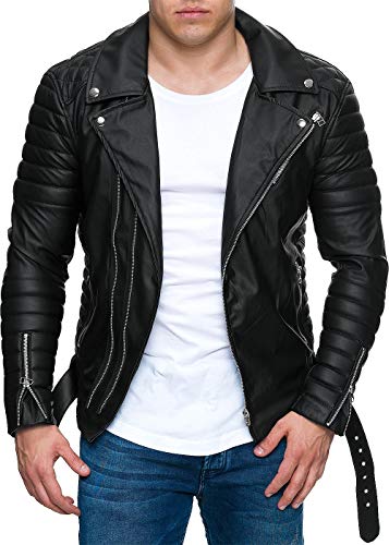 Reichstadt - Chaqueta de estilo motorista para hombre con cinturón extraíble, piel auténtica o sintética Negro – Rs001 Pu – Cremallera plateada. S