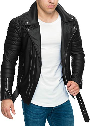 Reichstadt - Chaqueta de estilo motorista para hombre con cinturón extraíble, piel auténtica o sintética Negro – Rs001 Pu – Cremallera plateada. S