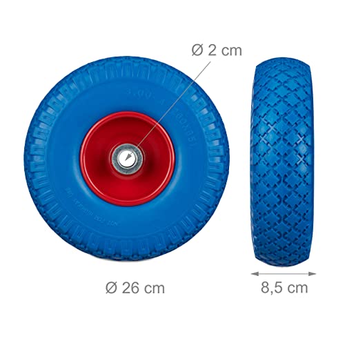 Relaxdays 2X Ruedas de Carretilla, Neumáticos de Goma, 3.00-4, Eje de 20mm, hasta 100 kg, 260x85 mm, Azul y Rojo