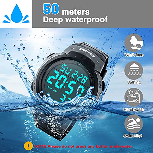 Reloj Digital Hombre, Welltop Reloj Deportivo Hombre Reloj cronometro con Temporizador de Alarma, dial Grande，Impermeable al Aire Libre Reloj Deportivo Hombre con retroiluminación Leds (Gris)