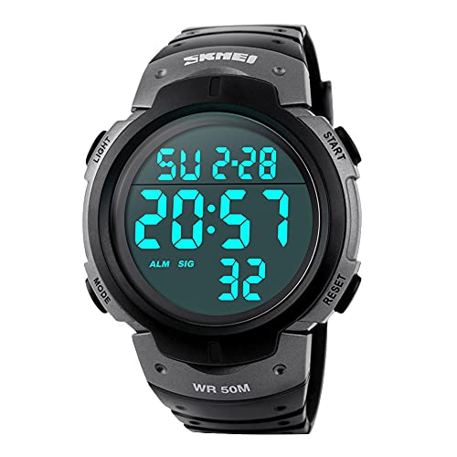 Reloj Digital Hombre, Welltop Reloj Deportivo Hombre Reloj cronometro con Temporizador de Alarma, dial Grande，Impermeable al Aire Libre Reloj Deportivo Hombre con retroiluminación Leds (Gris)