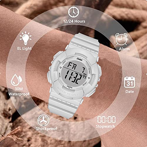 Reloj Digital Impermeable Deportivo con Alarma y Cronómetro de Luz de Fondo de 8 Colores, Correa de Resina(Blanco)