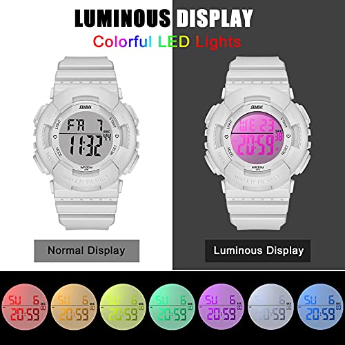 Reloj Digital Impermeable Deportivo con Alarma y Cronómetro de Luz de Fondo de 8 Colores, Correa de Resina(Blanco)