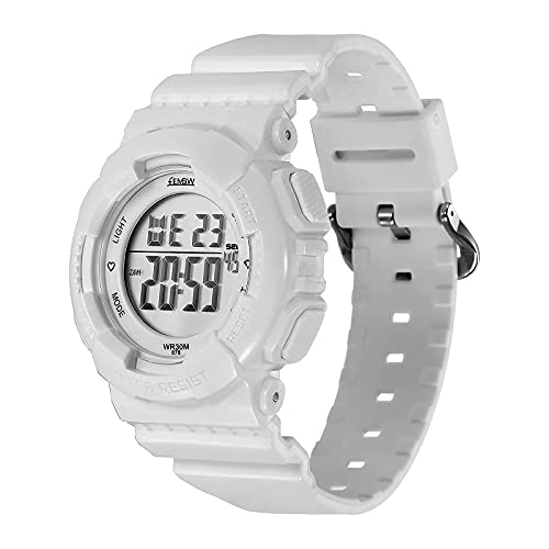 Reloj Digital Impermeable Deportivo con Alarma y Cronómetro de Luz de Fondo de 8 Colores, Correa de Resina(Blanco)