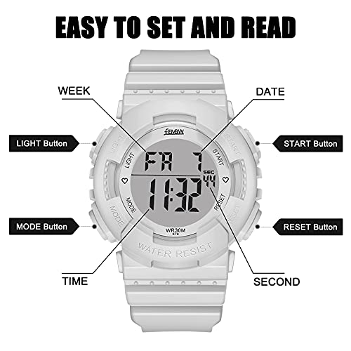 Reloj Digital Impermeable Deportivo con Alarma y Cronómetro de Luz de Fondo de 8 Colores, Correa de Resina(Blanco)