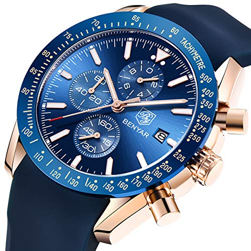 Relojes Hombre BENYAR Cronógrafo Analógico Cuarzo 3bar Impermeable Pulsera de Cuero Deporte Watch Business Casual Relojes de Pulsera Regalo Elegante (Dorado Azul)