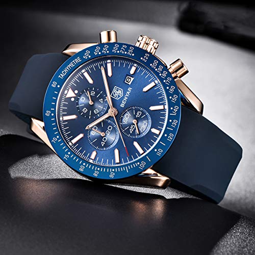 Relojes Hombre BENYAR Cronógrafo Analógico Cuarzo 3bar Impermeable Pulsera de Cuero Deporte Watch Business Casual Relojes de Pulsera Regalo Elegante (Dorado Azul)