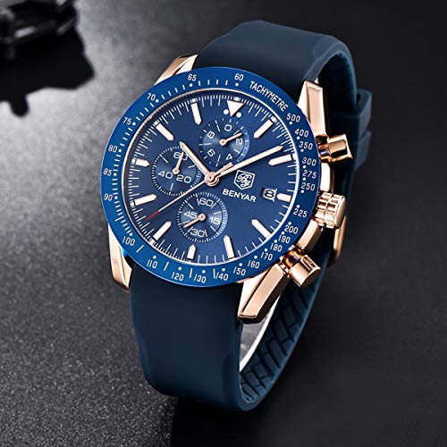 Relojes Hombre BENYAR Cronógrafo Analógico Cuarzo 3bar Impermeable Pulsera de Cuero Deporte Watch Business Casual Relojes de Pulsera Regalo Elegante (Dorado Azul)