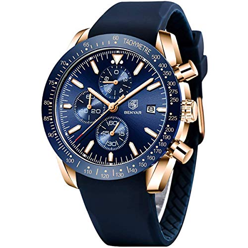 Relojes Hombre BENYAR Cronógrafo Analógico Cuarzo 3bar Impermeable Pulsera de Cuero Deporte Watch Business Casual Relojes de Pulsera Regalo Elegante (Dorado Azul)