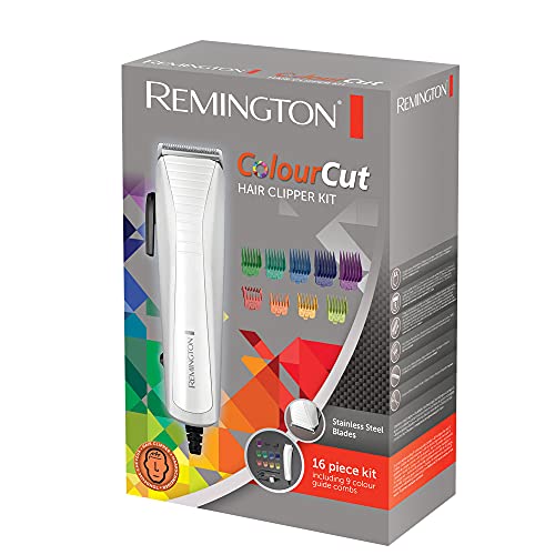 Remington Máquina de Cortar Pelo ColourCut - Cortapelos con Cable, Cuchillas de Acero Inoxidable, 9 Peines, Blanco y Gris - HC5035