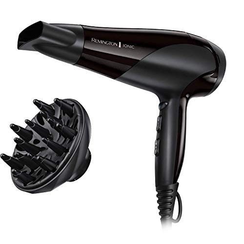 Remington Secador de Pelo Ionic Dry 2200 - Iónico, Concentrador y Difusor, 2200 W, Negro - D3198