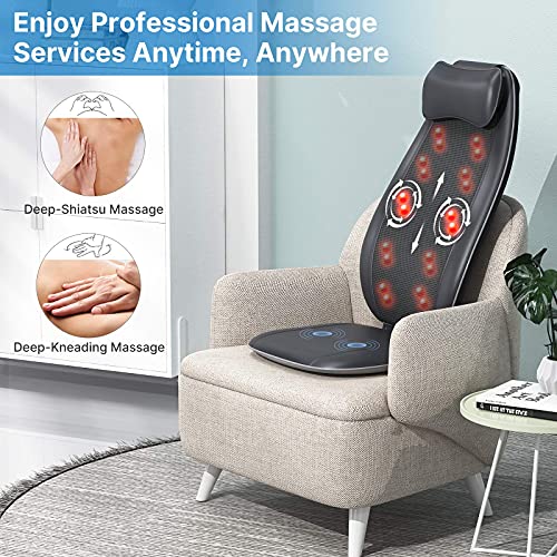 RENPHO Masajeador Espalda Electrico para Silla, Cojín de Masaje, Shiatsu Silla de Masaje con Calor para Toda la Espalda y Cuello, Altura Ajustable, Regalos para Padres, Uso en Casa y Oficina