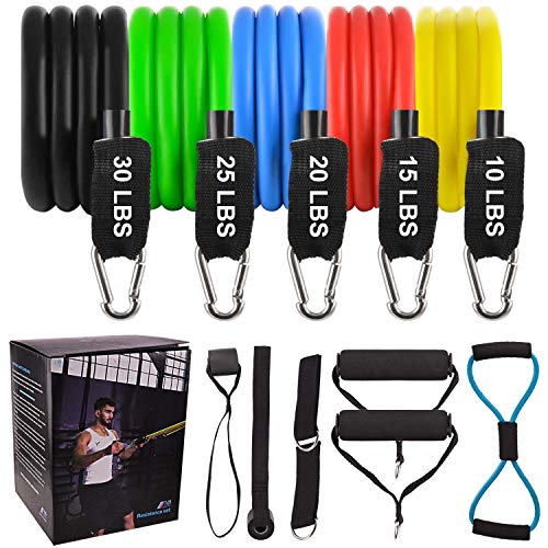 Resistance Bands Correas Set Workout Bands 12 pcs - 5 Fitness Bandas Elasticas en Látex,1 Yoga Exercise Band 8 forma,Anclaje de Puertas,Correas Para El Tobillo,Asas Y Bolsa para Estiramiento Tonifi