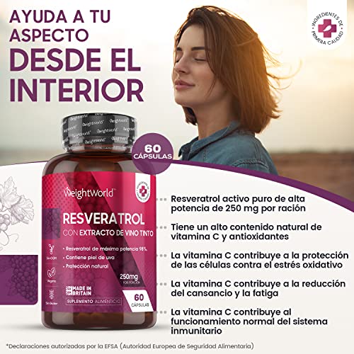 Resveratrol Cápsulas Alta Dosis 60 Cápsulas Veganas - Resveratrol Puro con Extracto de Semilla de Uva, Fuente de Vitaminas y Antioxidantes Vitamina C y Vitamina E para Piel y Articulaciones