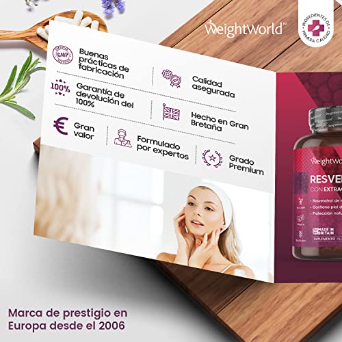 Resveratrol Cápsulas Alta Dosis 60 Cápsulas Veganas - Resveratrol Puro con Extracto de Semilla de Uva, Fuente de Vitaminas y Antioxidantes Vitamina C y Vitamina E para Piel y Articulaciones