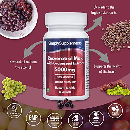 Resveratrol MAX 5000 mg con Extracto de Semilla de Uva - 60 Cápsulas - Apto para veganos - SimplySupplements