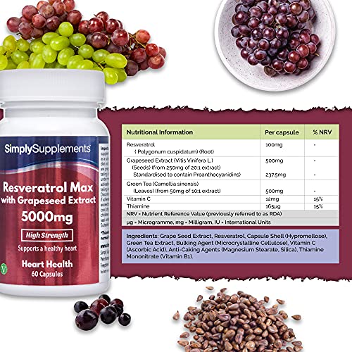 Resveratrol MAX 5000 mg con Extracto de Semilla de Uva - 60 Cápsulas - Apto para veganos - SimplySupplements