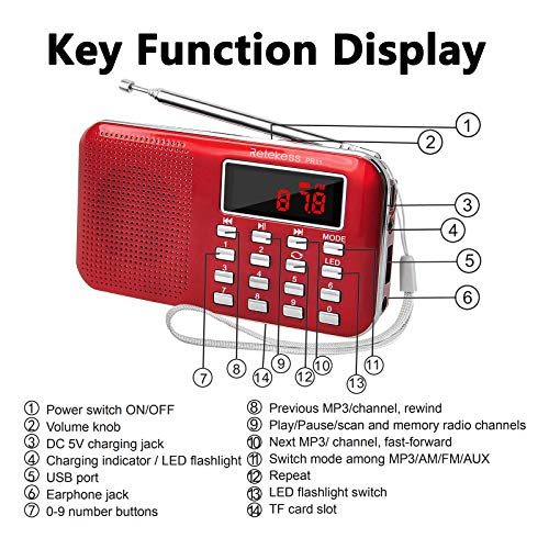 Retekess PR11 Radio Portatil Pequeña, Radio de Bolsillo FM Am Radio con Batería Recargable, Linterna, Radio Transistor, Soporte Unidad USB, Tarjeta TF, Entrada AUX (Rojo)