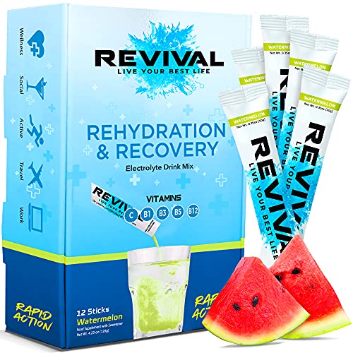 Revival Bebida Isotonica Polvos Electrolitos - Potente Suplemento de Vitamina C, Sales Minerales Para Deporte, Hidratación y Resaca Cura - Sandía 12 Paquete