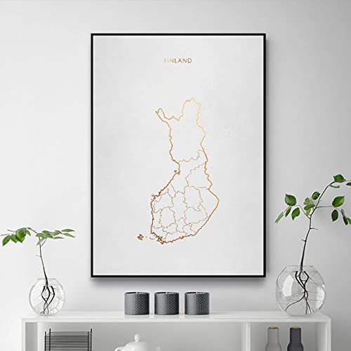 RHWXAX Línea de Oro Blanco Finlandia Mapa de Lienzo de la Pared de la Pared Imprimir Póster Moderno Fotos de la Pared Decoración de la Sala de Estar 20x28 Inch Sin Marco