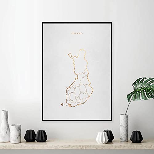 RHWXAX Línea de Oro Blanco Finlandia Mapa de Lienzo de la Pared de la Pared Imprimir Póster Moderno Fotos de la Pared Decoración de la Sala de Estar 20x28 Inch Sin Marco