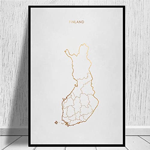 RHWXAX Línea de Oro Blanco Finlandia Mapa de Lienzo de la Pared de la Pared Imprimir Póster Moderno Fotos de la Pared Decoración de la Sala de Estar 20x28 Inch Sin Marco