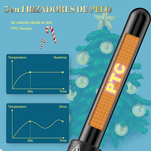 Rizador Pelo Planchas Rizadoras Profesional Pantalla LCD Tenacillas Temperatura Ajustable Ceramica Muitifunción 5 en 1 con Barras Recambiable Rizador de Pelo, Negro