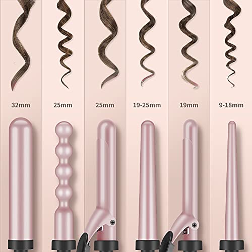 Rizador Pelo Profesional Planchas Rizadoras 6 Barras Temperatura Ajustable con Indicador LCD Recambiables con Guante Pinza de Rizador, Rosa