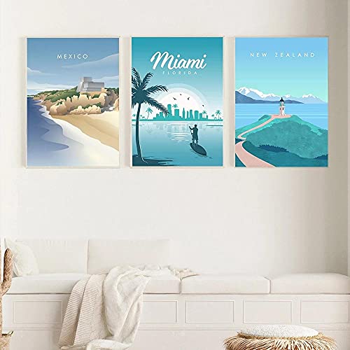 RLJHG Poster De Viaje Pintura De Lienzo De Paisaje Nueva Zelanda Miami MéXico Ciudad De Viaje Arte De La Pared Vintage Nordic Home Decoracion De La Pared Cuadros 40x50cm X3 Sin Marco