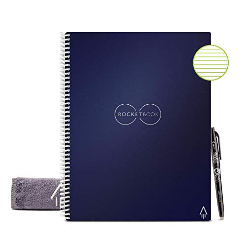 Rocketbook - Libreta inteligente reutilizable con forro ecológico. 1 bolígrafo Pilot Frixion y 1 paño de microfibra incluidos, color azul oscuro Letter A4